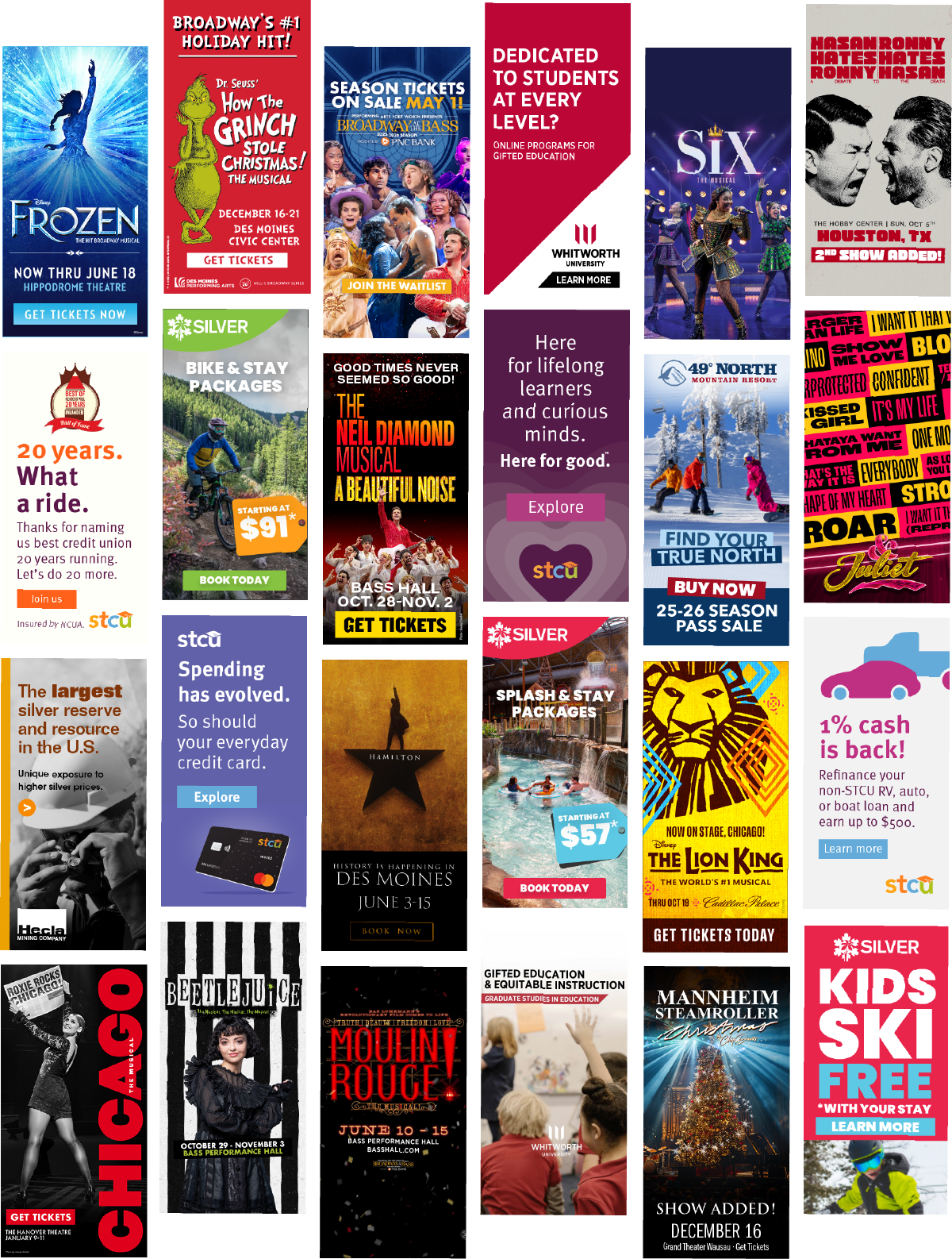 Image of ads for Disney Theatrical Group, STCU, Silver Mt and various broadway shows such as Hamilton or Beetlejuice