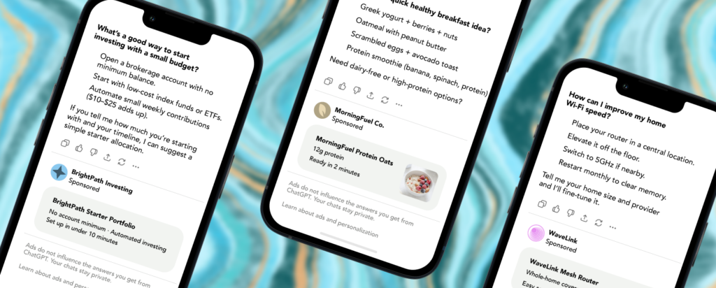 Three examples of what ChatGPT ads could look like. Ad block is inline with the ChatGPT response separated by a divider line