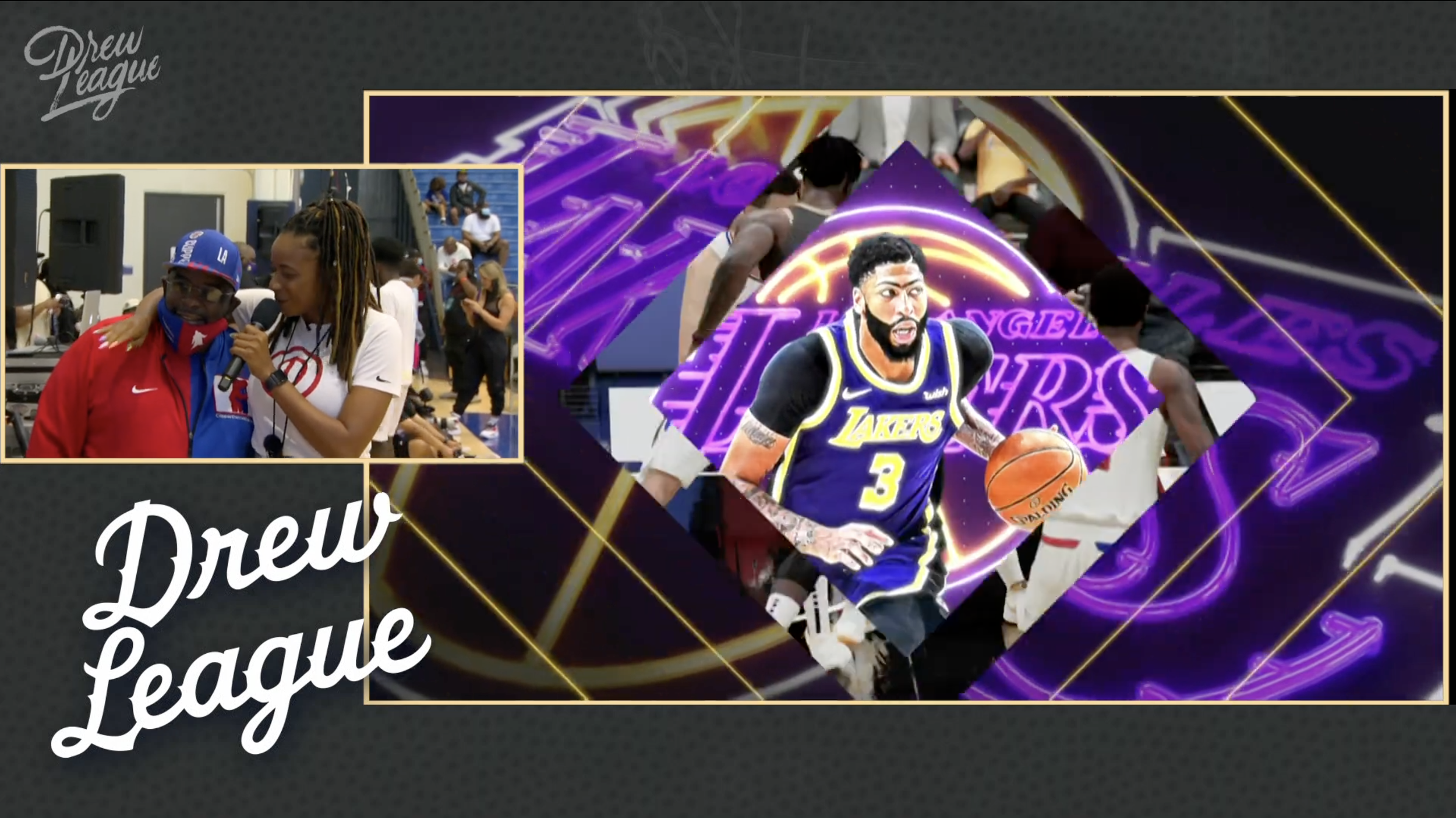 Drew League broadcast graphic with a live gym interview beside NBA 2K gameplay of a Lakers player in a neon purple and gold frame