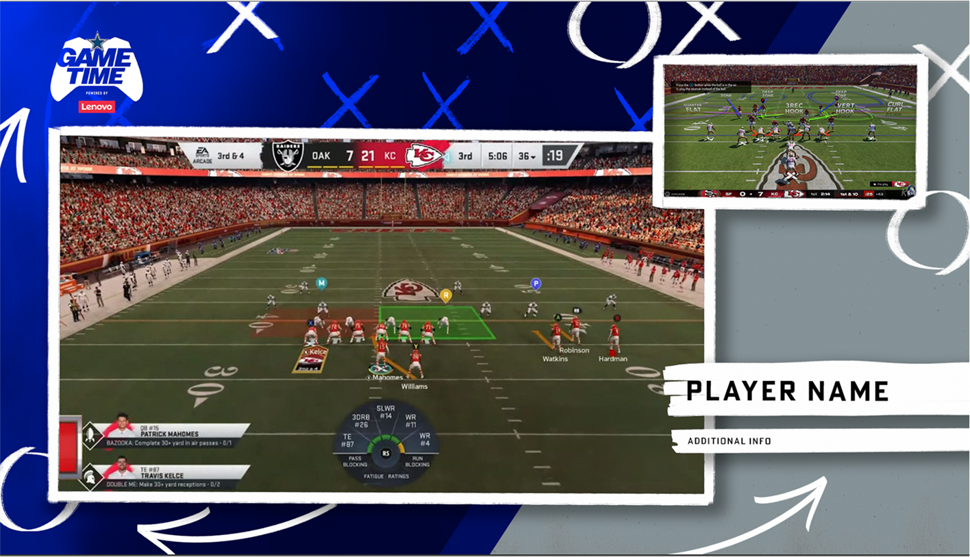 Game Time powered by Lenovo broadcast graphic showing Madden NFL gameplay of Raiders vs. Chiefs, with a second camera view and a player name lower third
