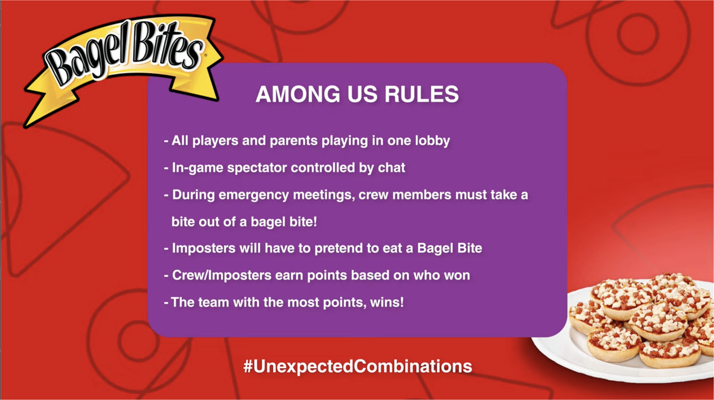 Bagel Bites Among Us Rules graphic with a purple card listing the stream's game rules, including that crew members take a bite of a Bagel Bite during emergency meetings, next to a plate of Bagel Bites and the hashtag #UnexpectedCombinations