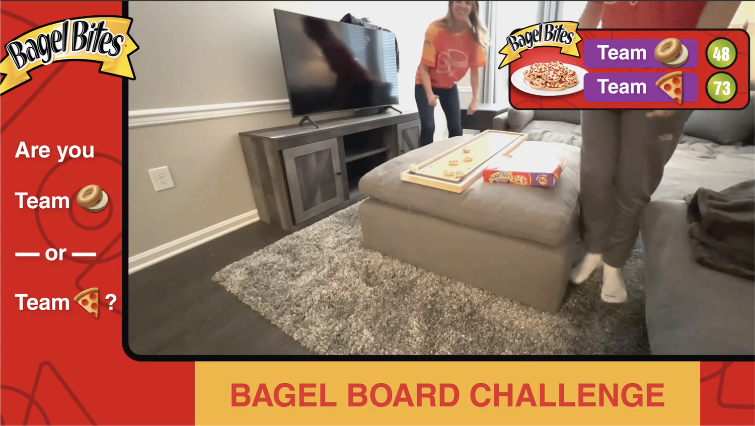 Bagel Bites Bagel Board Challenge broadcast showing a live living room camera feed of a tabletop shuffleboard game played with Bagel Bites, a Team Bagel vs. Team Pizza scoreboard, and an Are you Team Bagel or Team Pizza prompt