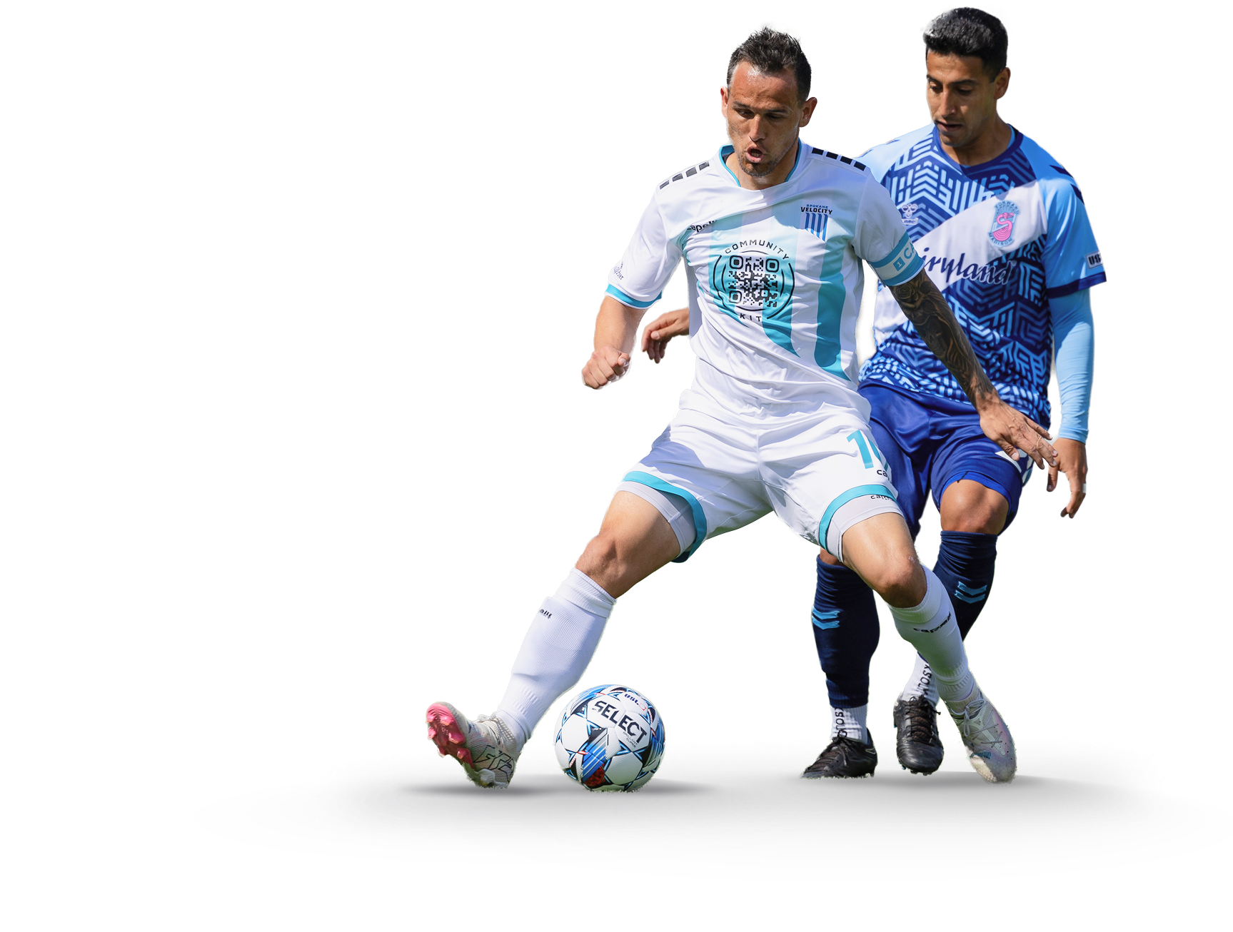 Spokane Velocity FC player shielding the ball from a defender