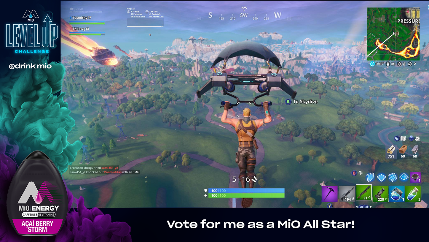 MiO Level Up Challenge graphic with Fortnite gameplay of a character gliding in, a MiO Energy Açaí Berry Storm bottle, and the text Vote for me as a MiO All Star